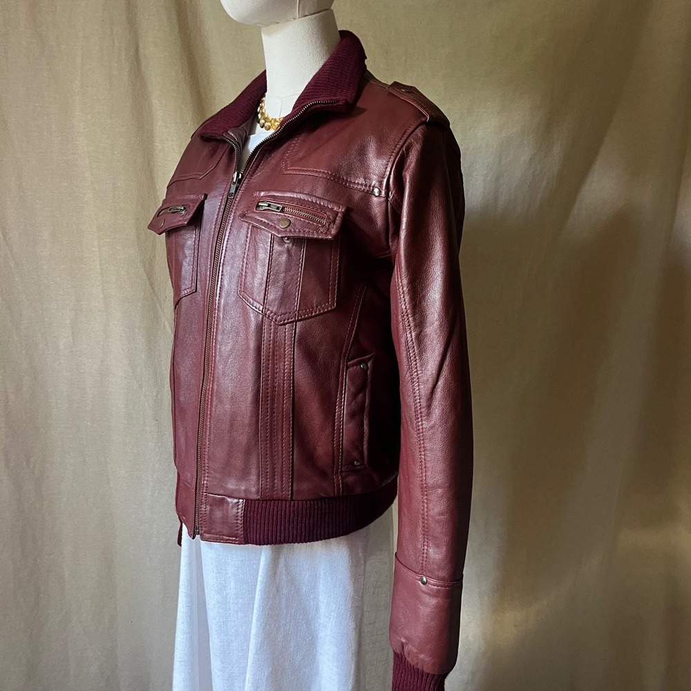 Vintage New York Burgundy Leather Bomber Jacket‎ Quilted Lining M/L USA - Picture 3 of 8